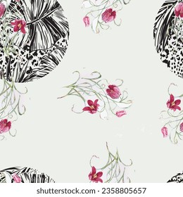 Seamless watercolor floral pattern - pink blush flowers elements, green leaves branches on white background; for wrappers, wallpapers, postcards, greeting cards, wedding invites, romantic events.
