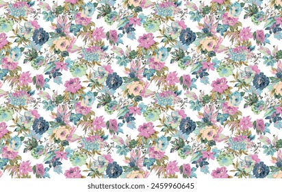 Seamless watercolor floral pattern - pink blush flowers elements, green leaves branches on dark black background; floral print, wallpapers, postcards, greeting cards, wedding invites, romantic events.