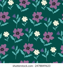 Seamless watercolor floral pattern - pink blush flowers elements, green leaves branches on dark black background; for wrappers, wallpapers, postcards, greeting cards, wedding invites, romantic