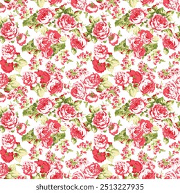 Seamless watercolor floral pattern - pink blush flowers elements, green leaves branches on white background; for wrappers, wallpapers, postcards, greeting cards, wedding invites, romantic events.