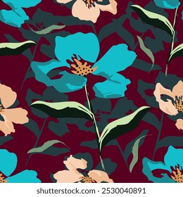 Padrão floral de aquarela sem costura - elementos de flores rosa blush, folhas verdes e ramos pasly no preto escuro
