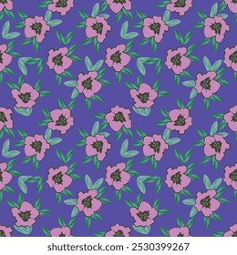 Seamless watercolor floral pattern - pink blush flowers elements, green leaves and pasly branches on dark black