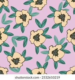 Seamless watercolor floral pattern - pink blush flowers elements, green leaves and pasly branches on dark black