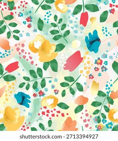 Padrão floral de cor de água uniforme. Ilustração vetorial repetitiva com flores pintadas de amarelo, vermelho e laranja em um fundo branco. Estampagem têxtil de vestuário.

