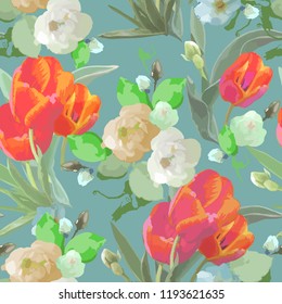 Seamless watercolor floral  pattern with roses. buds and tulips.. Vector print for fabric design, decoration.
