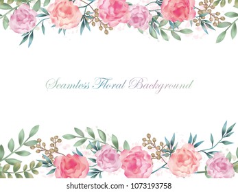 Seamless watercolor flower background illustration with text space, vector illustration. Horizontally repeatable.