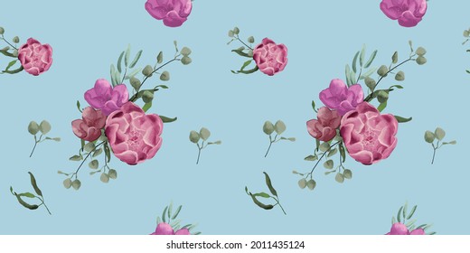 
Seamless watercolor flower pattern with leaves, petal, and stem isolated vector. Watercolor plum, purple, pink, blue, peony, rose