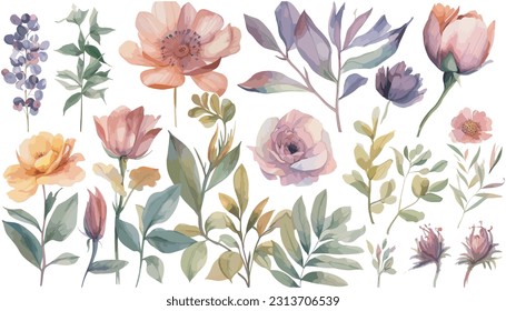 Seamless watercolor flowers and leaf pattern vector illustration design