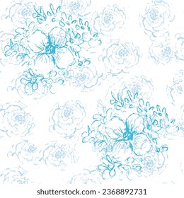 Seamless watercolor flowers vector pattern, textile, fashion, curve, poster, card, package and wallpaper design. Blue flowers on white background.  