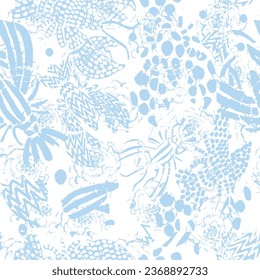 Seamless watercolor flowers vector pattern, textile, fashion, curve, poster, card, package and wallpaper design. Blue flowers on white background.  