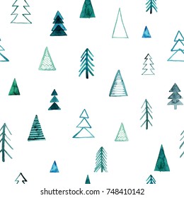 Seamless watercolor forest pattern. Green trees on white background. Abstract watercolor illustration. Can be used for pattern fills, wallpapers,texture of fabric, surface textures.