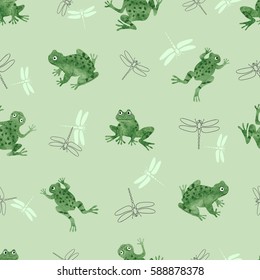 Seamless watercolor frogs pattern. Vector background with green frogs and dragonflies. 