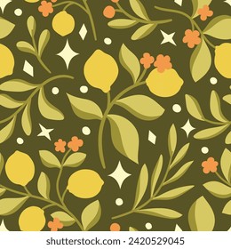 Seamless watercolor fruit pattern. Modern lemon repeat background. Tropical citrus texture design.