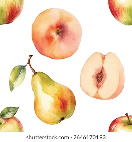 Seamless Watercolor Fruits Pattern: Apple, Peach, Pear.