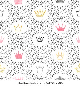 Seamless watercolor and glittering crowns pattern. Vector background. 