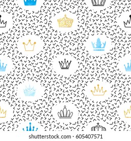 Seamless watercolor and glittering crowns pattern. Vector illustration.