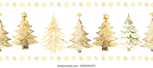 Seamless watercolor gold Christmas tree pine border, hand drawn gold fir row vector illustration. Repeating winter holiday design for Christmas decoration, banners, ribbons, greeting cards.