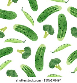 Seamless watercolor green vegetable pattern with broccoli, peas and cucumber. Vector background	