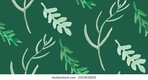 Seamless Watercolor Greenery Vector Pattern with Herb Branches