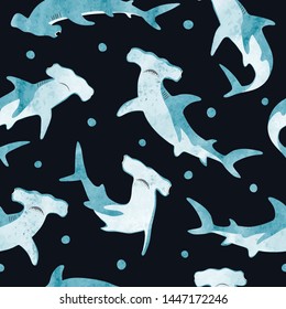 Seamless watercolor hammerhead shark pattern.