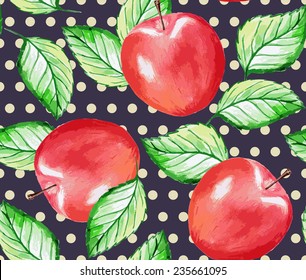 Seamless Watercolor Hand Drawn Apple Pattern. Vector Illustration. 