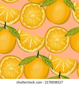 Seamless watercolor hand drawn pattern of orange with leaves for wallpaper, print, textile, fabric, wrapping paper. Flat vector illustration