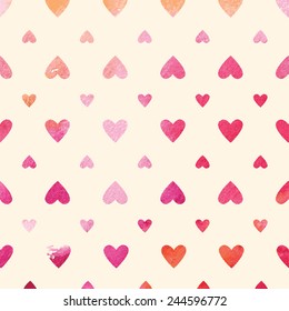 Seamless watercolor heart pattern on a beige background. Valentine's day. Vector illustration.