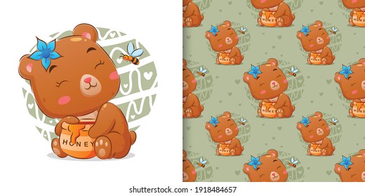 The seamless watercolor of the honey bear is eating the honey from the honey jar of illustration