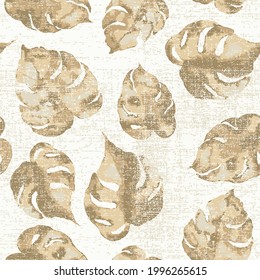 Seamless watercolor illustration of tropical leaves, dense jungle. beige and grey Monstera tropical leaf Pattern.Abstract seamless pattern of tropical leaf half white textured background.