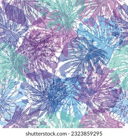 Seamless watercolor illustration of tropical leaves, dense jungle.  Seamless pattern with tropical leaves. 
