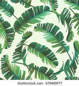 Seamless watercolor illustration of tropical leaves, jungle. Pattern with tropic summer background texture, wrapping paper, textile, wallpaper design. Banana palm leaves.