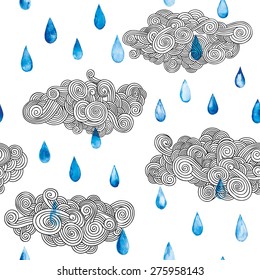 Seamless watercolor illustration in vector. Decorative rain and cloud.