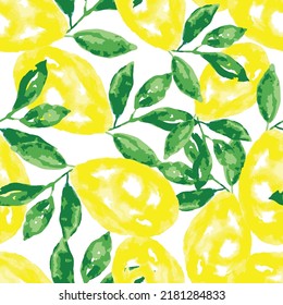 Seamless watercolor lemon and leaves pattern on white background. 