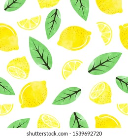 Seamless watercolor lemon pattern with fruits and leaves.
