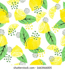 Seamless watercolor lemon pattern with fruits and leaves.