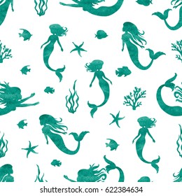 Seamless watercolor mermaid pattern. Vector marine background. 