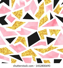 Seamless watercolor mosaic pattern. Abstract vector pink and golden background.
