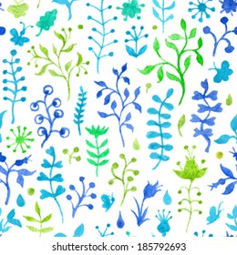 Seamless watercolor nature pattern. Hand-drawn green and blue watercolor nature silhouettes on white background. 