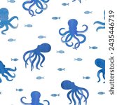 Seamless watercolor octopus pattern. Vector sea background