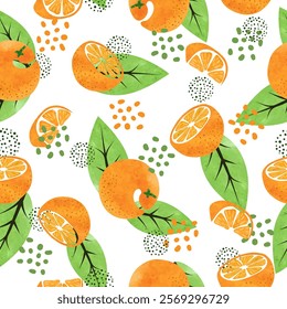 Seamless watercolor orange fruit pattern with fruit slices and leaves