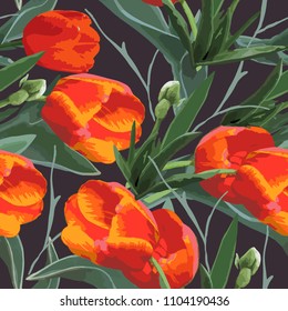 Seamless watercolor painted pattern with tulips and buds. Beautiful colored background. Vector print for design, for fabric decoration.