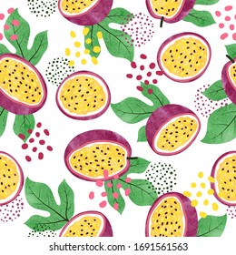 Seamless watercolor passion fruit pattern. Vector fruit background.