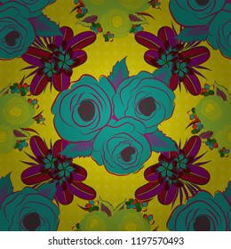 Seamless watercolor pattern of abstract vector blue, yellow and green rose flowers.