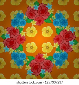 Seamless watercolor pattern of abstract vector orange, yellow and blue rose flowers.