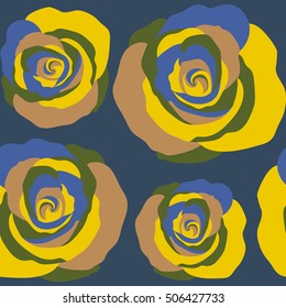Seamless watercolor pattern of abstract vector multicolor rose flowers on a blue background.
