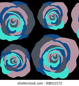Seamless watercolor pattern of abstract vector blue rose flowers on a black background.