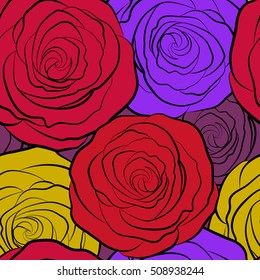 Seamless watercolor pattern of abstract vector multicolor rose flowers.