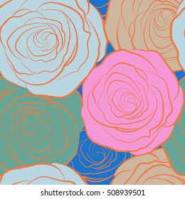 Seamless watercolor pattern of abstract vector multicolor rose flowers.