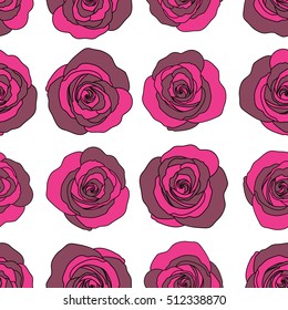Seamless watercolor pattern of abstract vector magenta rose flowers on a white background.