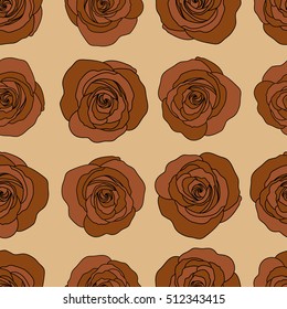Seamless watercolor pattern of abstract vector brown rose flowers.